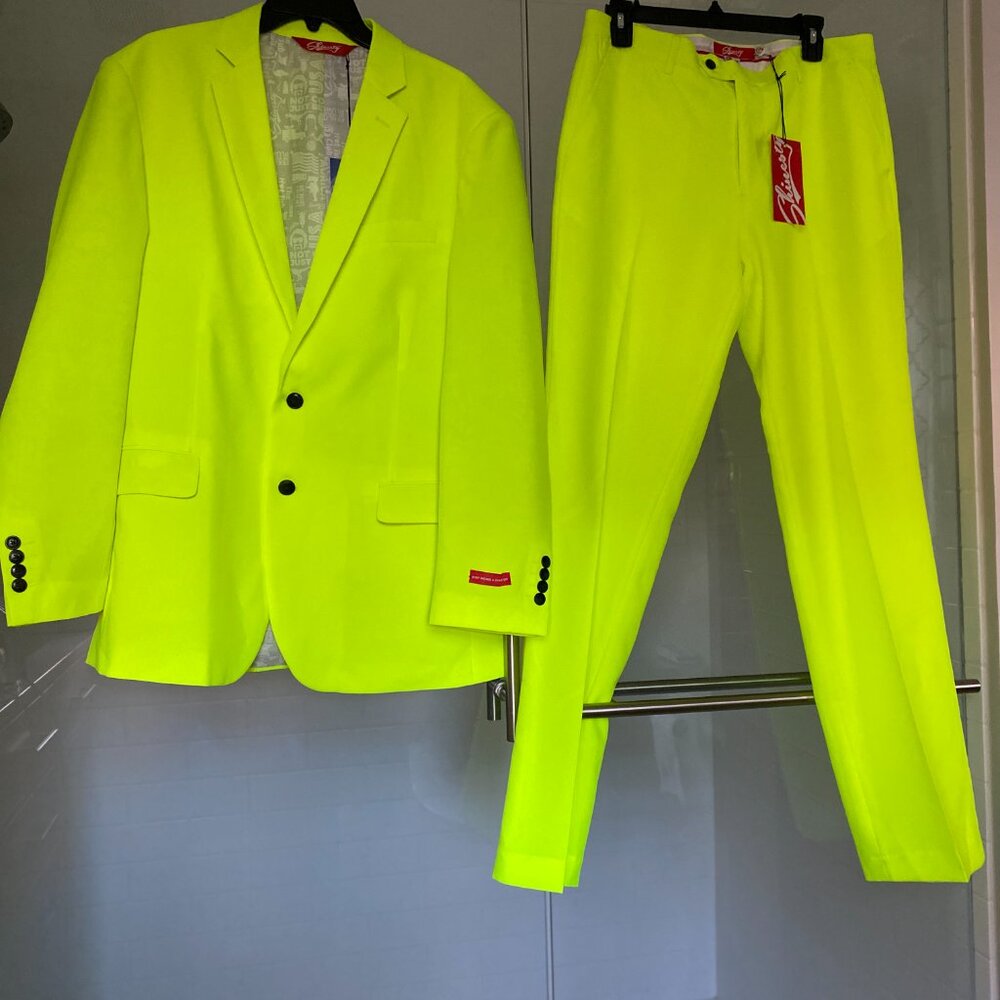 NEW SOLD OUT SHINESTY NEON yellow “STAY WEIRD & SHINE ON” MENS SUIT Blazer44.